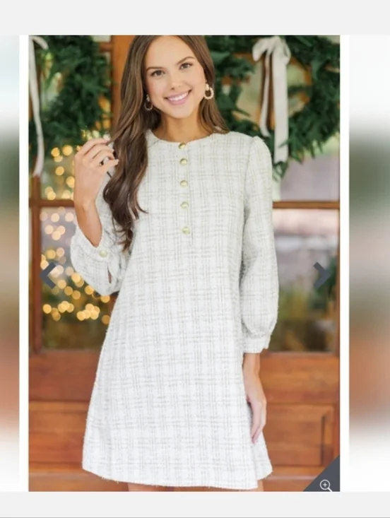 Shop The Mint Ivory Plaid Button-Front Long Sleeve Shift Dress - Picture 1 of 11